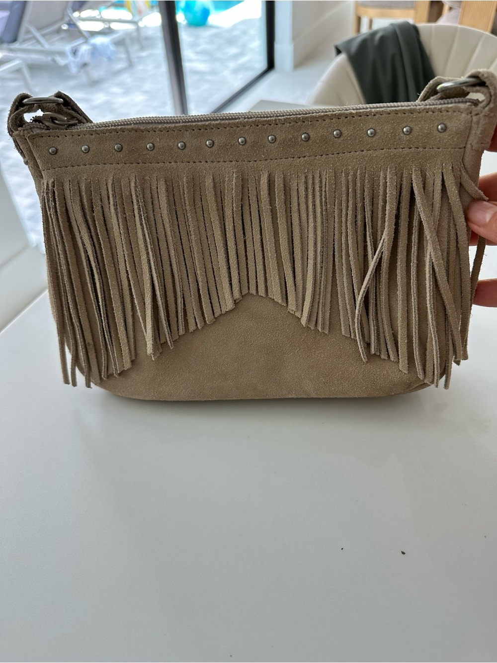 Minnetonka Beige Suede Fringe Crossbody Bag